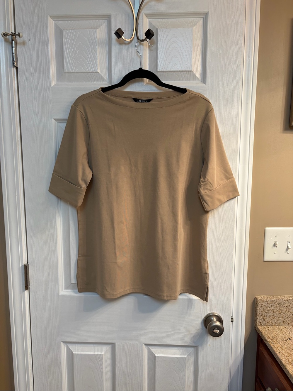 Lauren Ralph Lauren Woman Birch Tan Boatneck Short-Sleeve Top